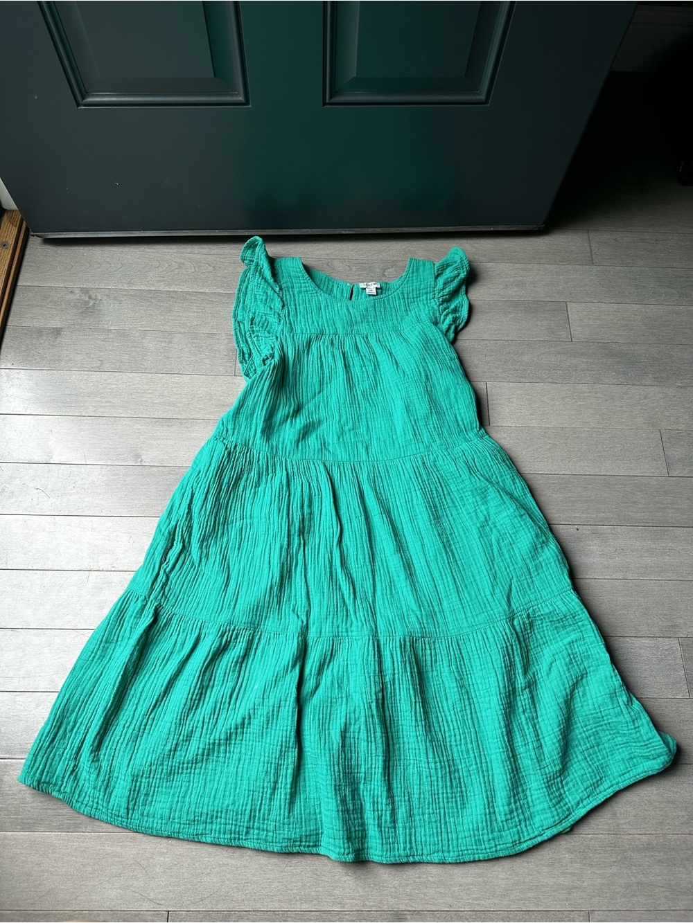 Womens J Crew Green Tiered Ruffle Linen Blend Ruffled Sleeve Summer Office Dress